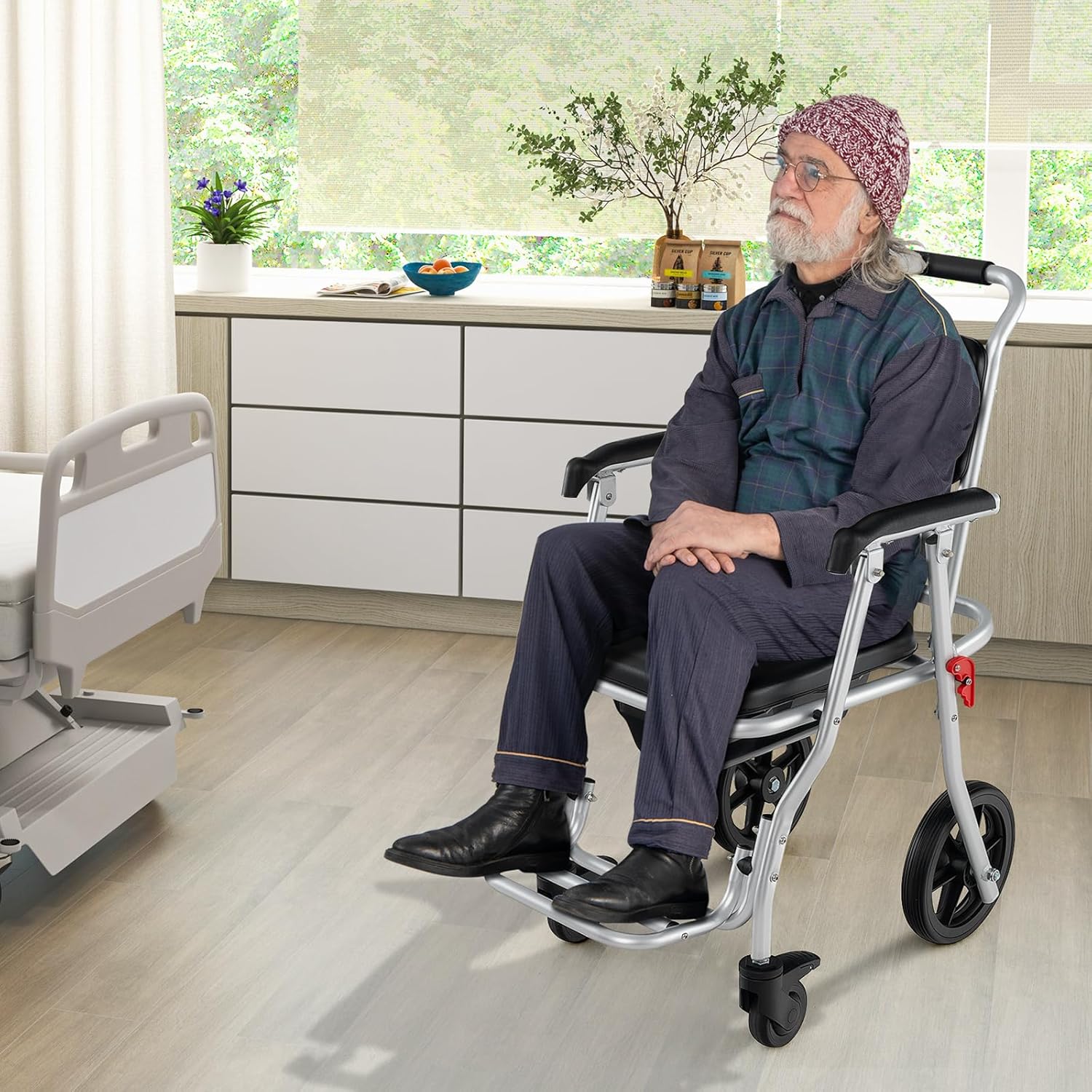 Foldable Shower Chair with Arms, Lockable Casters, Detachable Bucket T3459