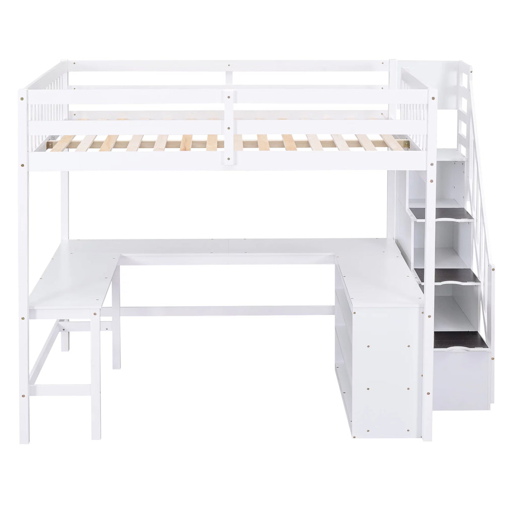 White Wood Full Size Loft Bed with Desk and Storage Staircase L769628