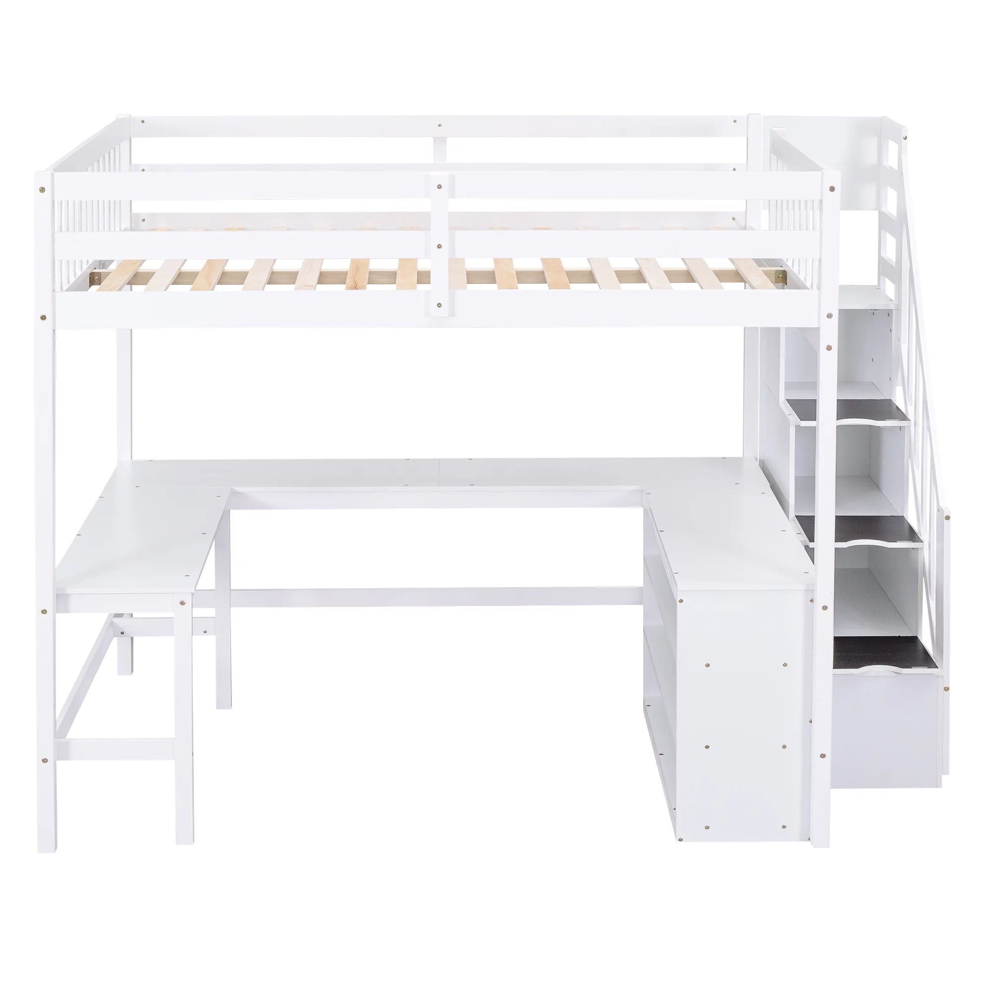 White Wood Full Size Loft Bed with Desk and Storage Staircase L769628
