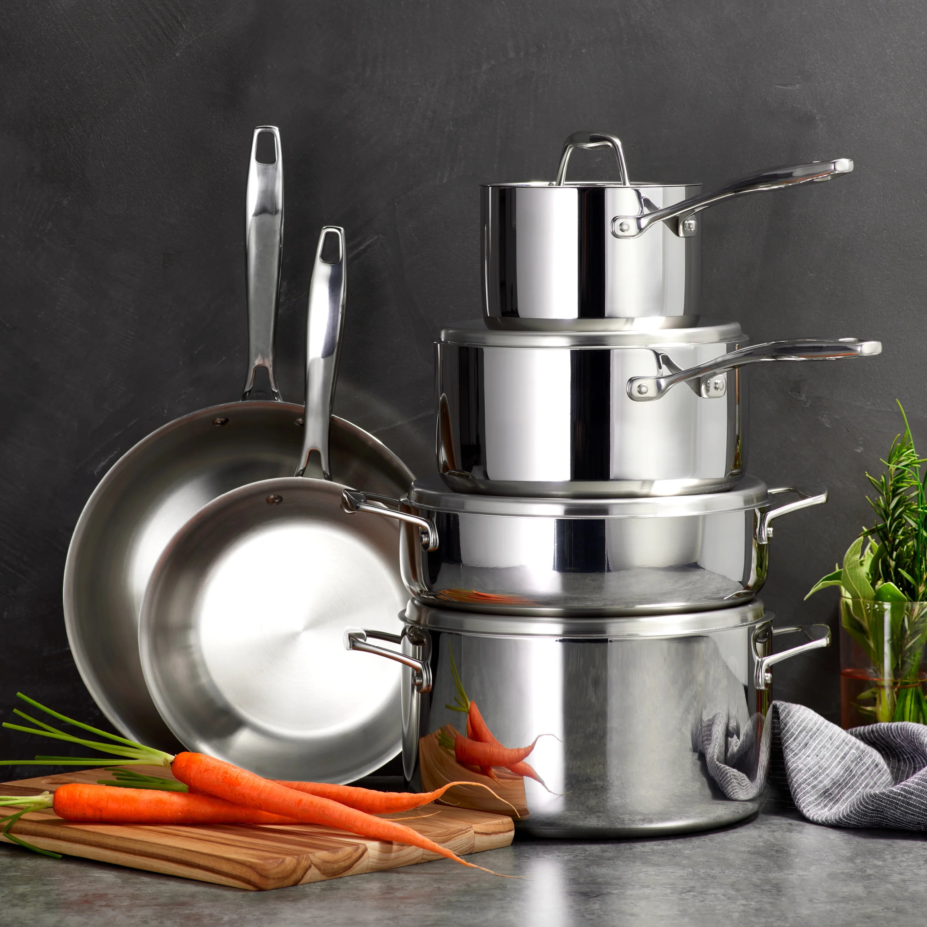 10 Pc Tri Ply Clad Stainless Steel Cookware Set A634