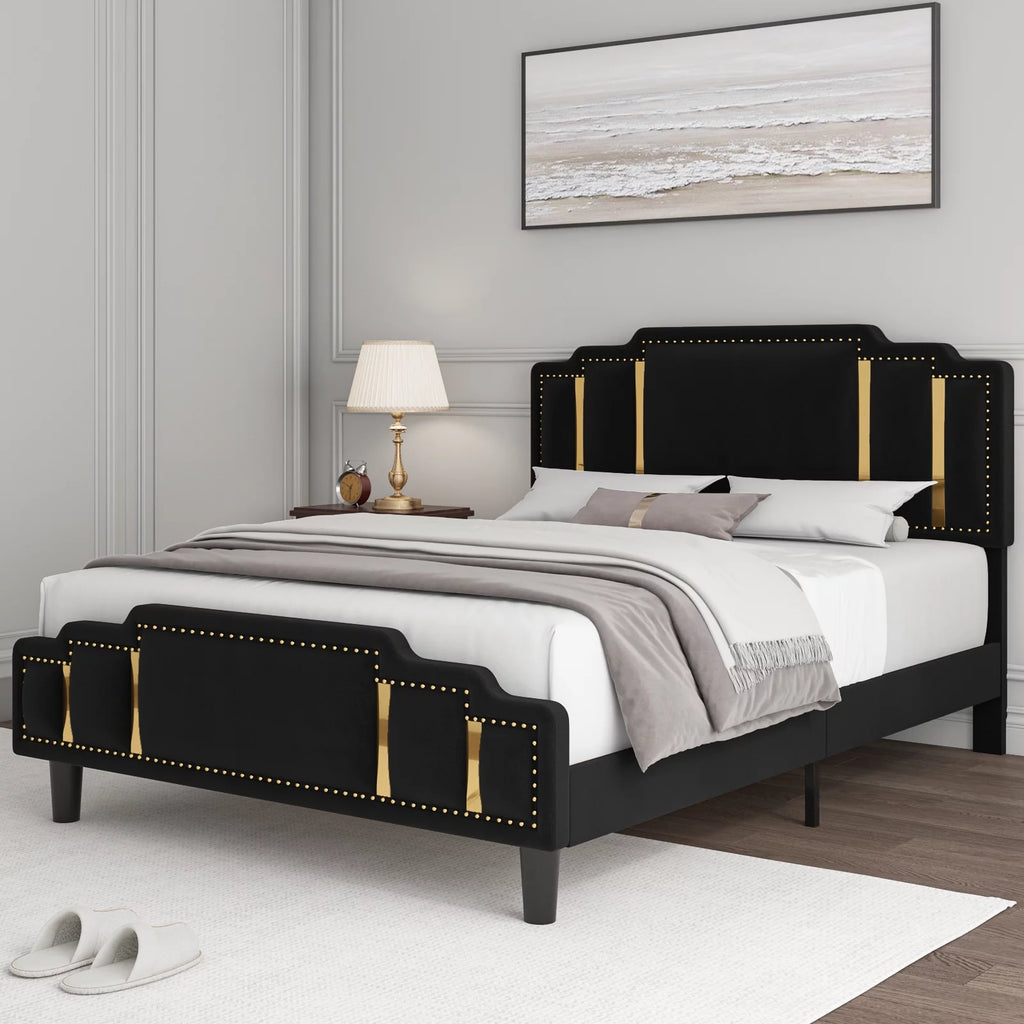 Black Velvet Queen Bed Frame with Adjustable Headboard F232