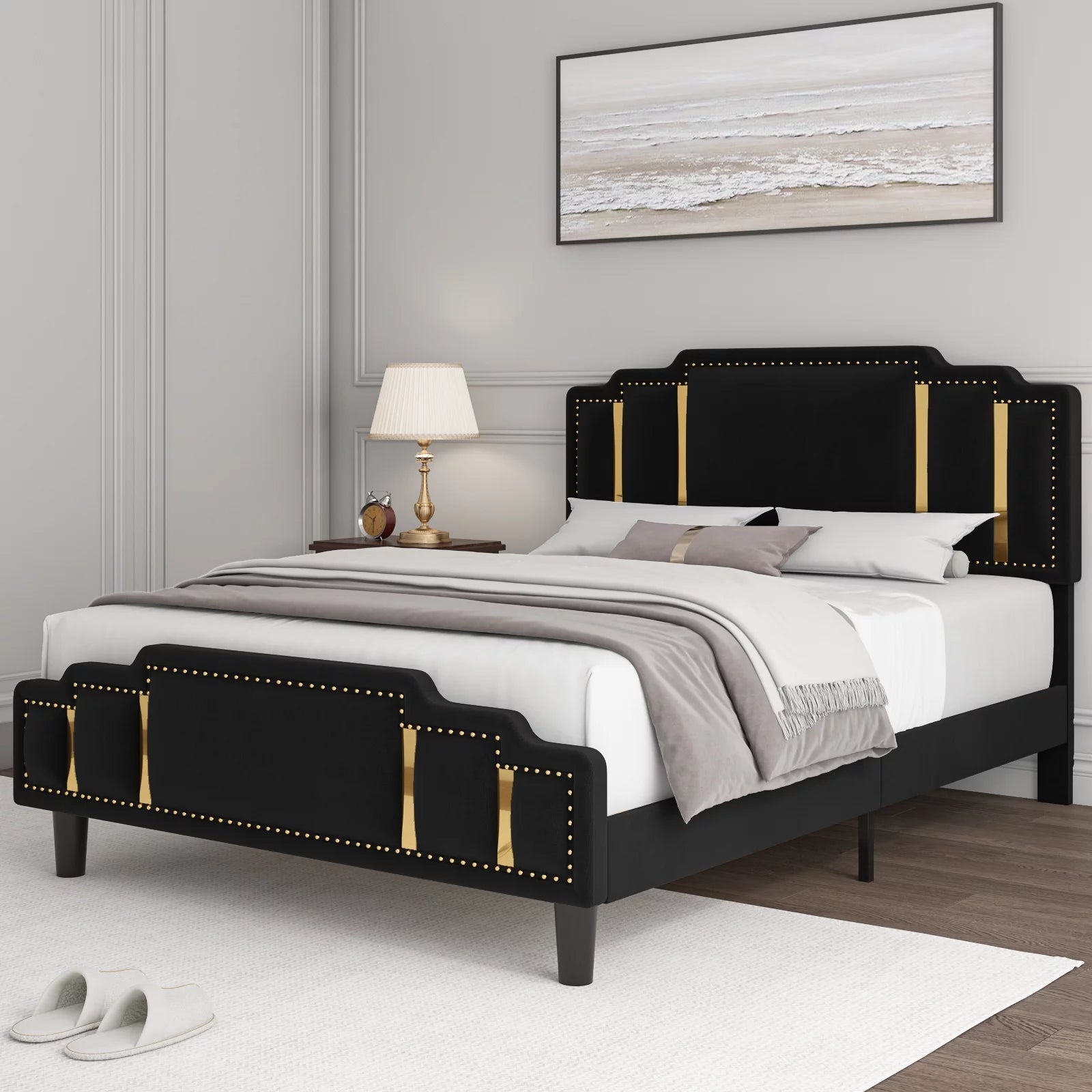 Black Velvet Queen Bed Frame with Adjustable Headboard F232