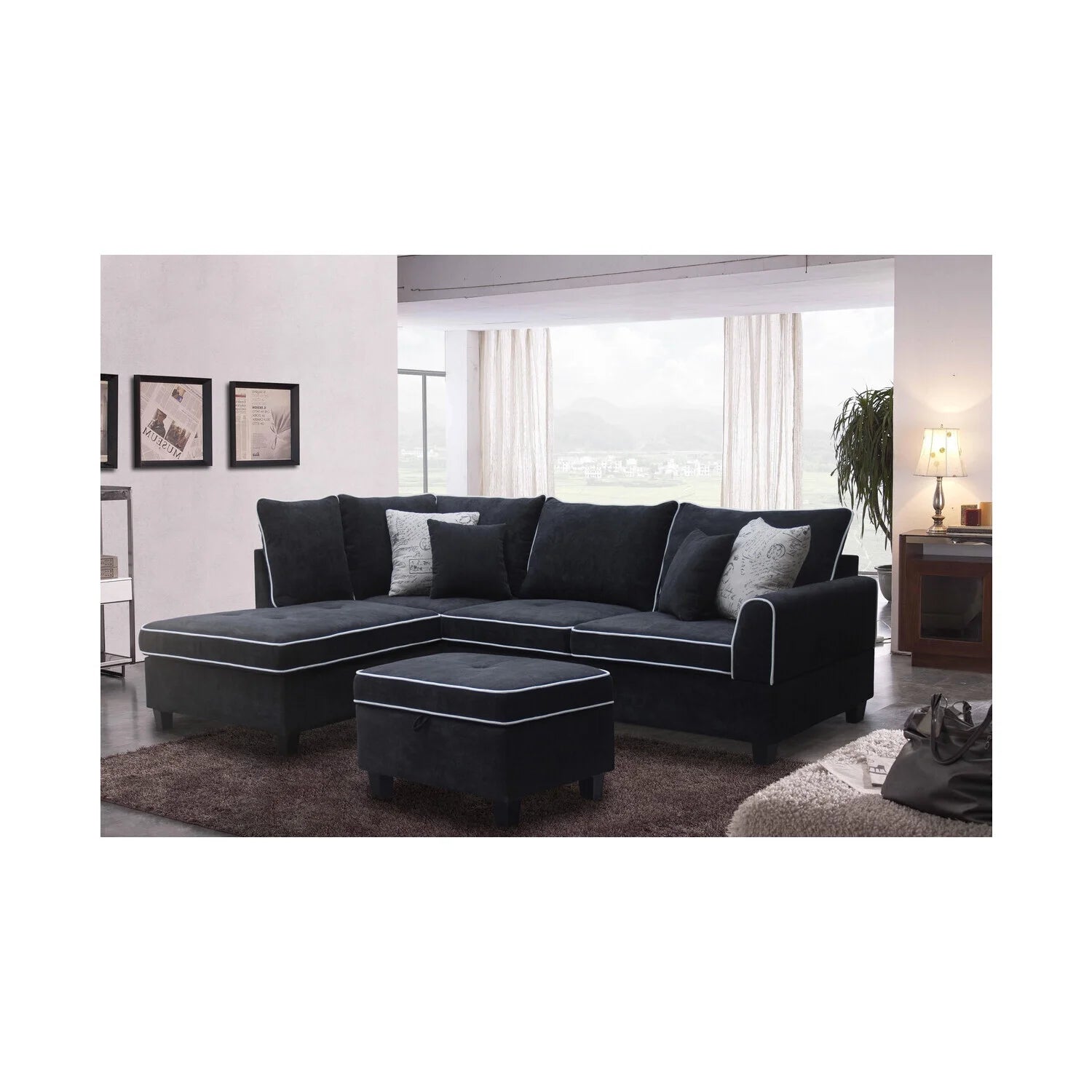 Country Cottage Fabric Sectional Sofa With Left-Facing Chaise And Storage Ottoman P80748