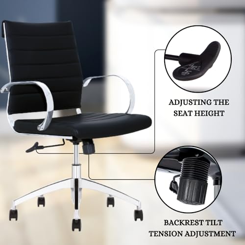 Black Ribbed Mid Back Conference Room Chairs with 360 Swivel Rolling Wheels (Pack of 8) I585