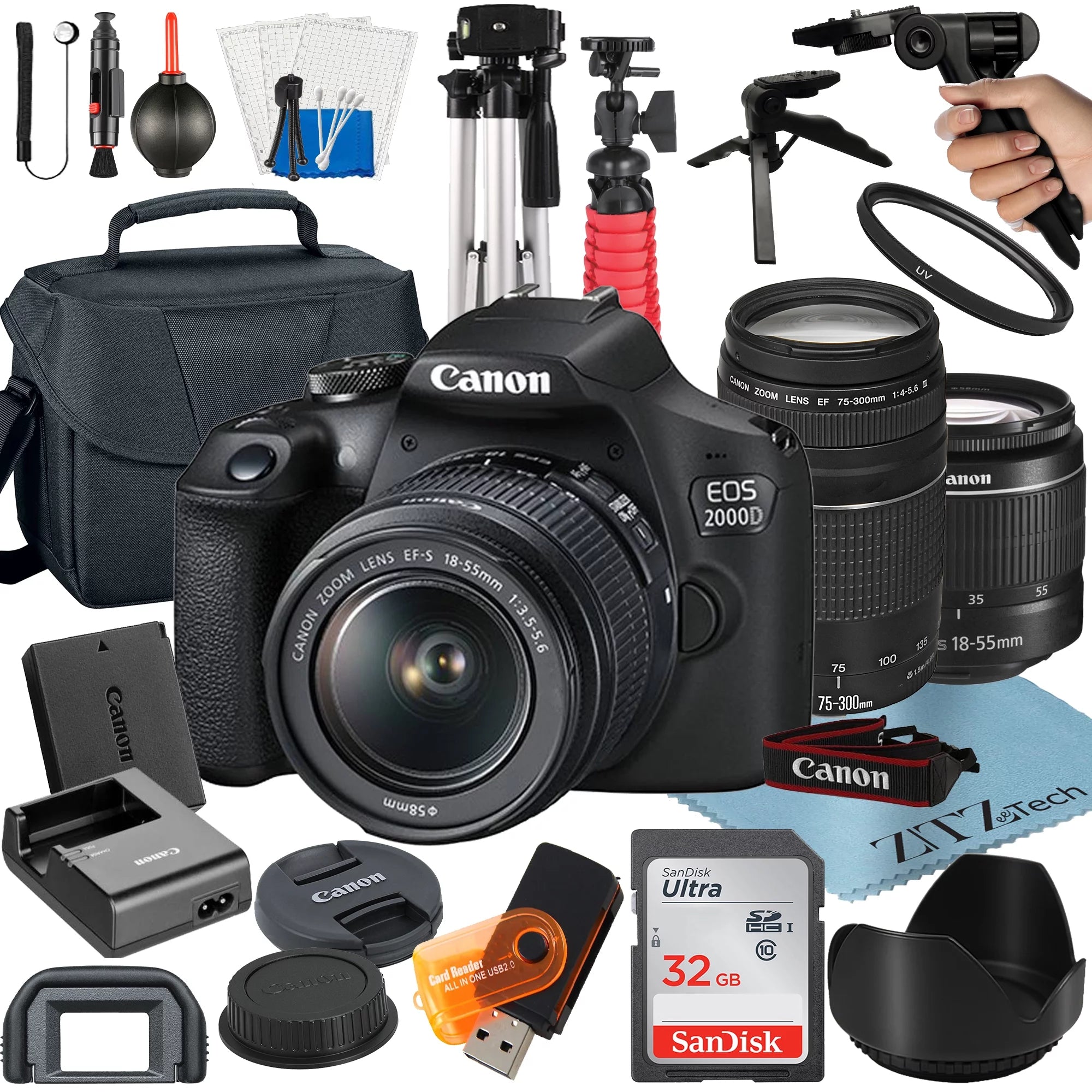 DSLR Camera Bundle with 18-55mm + 75-300mm Lens + 32GB Card + Case + Tripod G47498