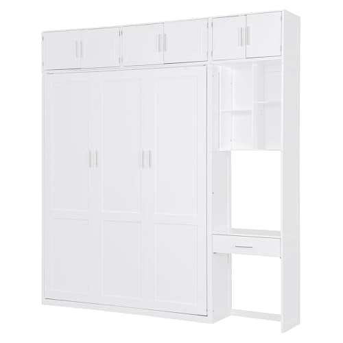 White Full Size Wall Murphy Bed with Built-in Desk & Shelves L502