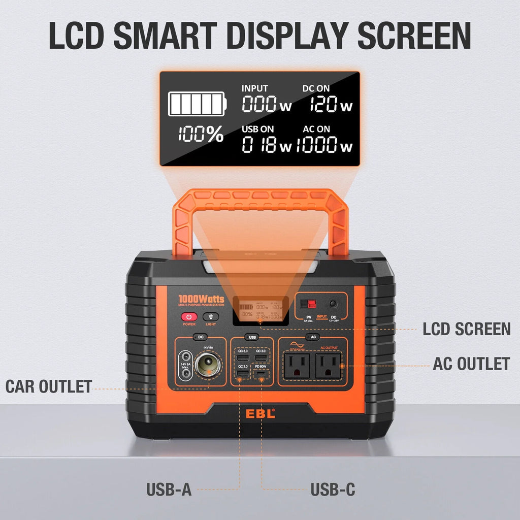 2Packs Portable Power Station 1000W Solar Generator 270000mAh Waterproof I935