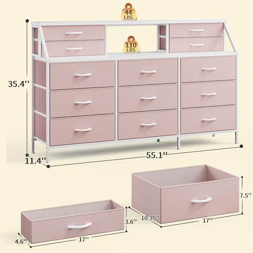55" W Rustic Brown Dresser with 13 Fabric Drawers and 2 Open Shelves Y393146