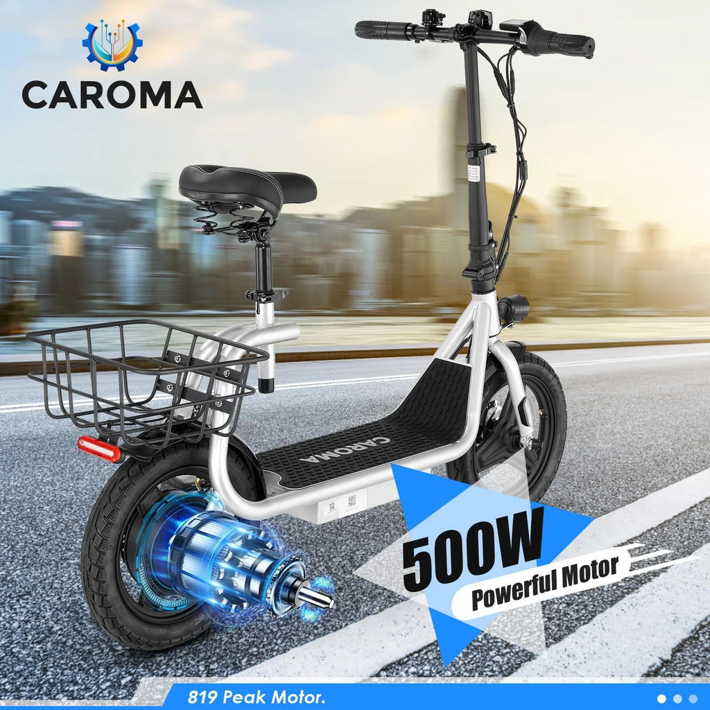 Silver Electric Scooter with Seat, 14 inch, 500W, 25 Miles 20 MPH C2524