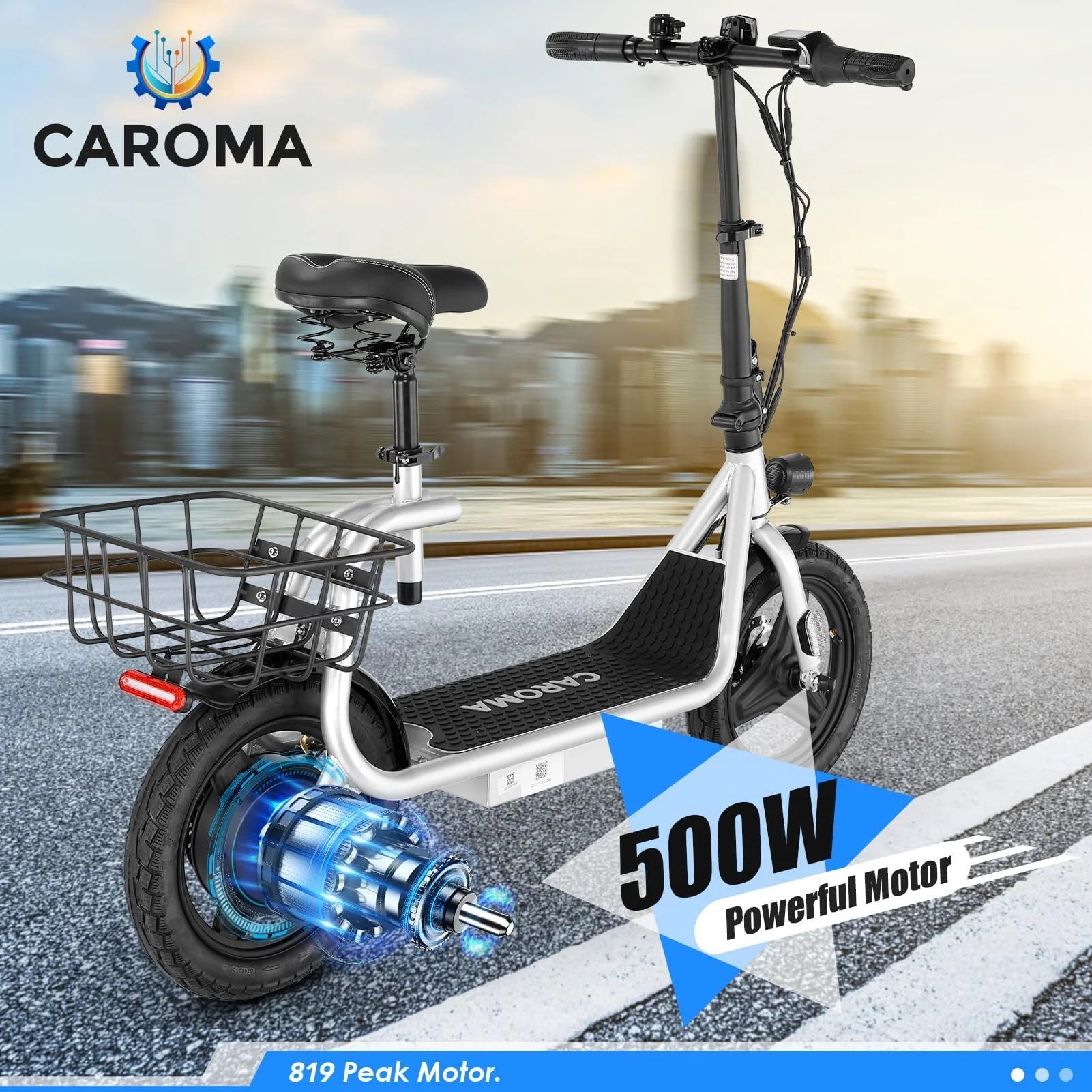 Silver Electric Scooter with Seat, 14 inch, 500W, 25 Miles 20 MPH C2524