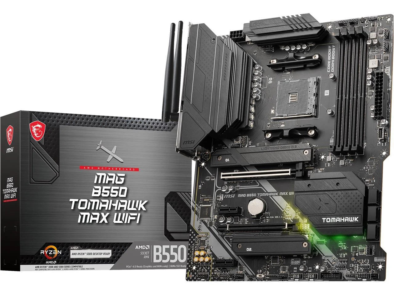 MAG B550 Tomahawk MAX WiFi Gaming Motherboard AMD AM4 DDR4 PCIe 4.0 SATA 6Gb/s M.2 USB 3.2 Gen 2 HDMI DP ATX Wi-Fi 6E AMD Ryzen 5000 Series Processors Factory Refurbished M7662