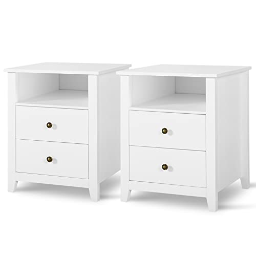 White Nightstands with Drawer Set of 2 Wood Bedside Tables Z32245