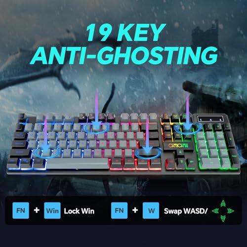 Gaming Keyboard and Mouse Combo, 7-Color Rainbow LED Backlit, 104 Keys Full Light Up Keyboard, Anti-ghosting Multimedia Keys, Mechanical Feel USB Wired Keyboard G4256