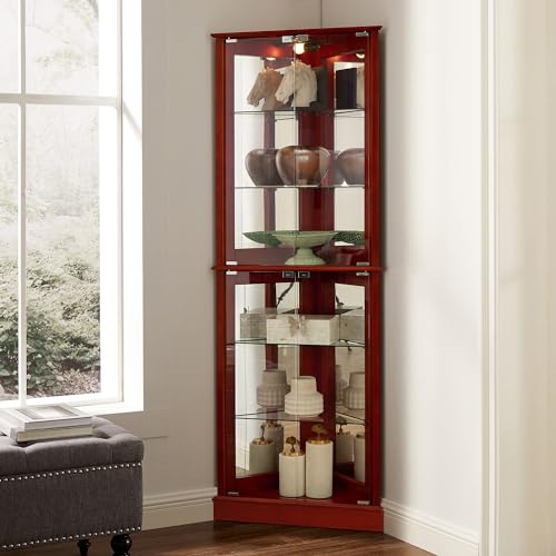 72" Tall Corner Cabinet with LED Light, Glass Doors, Adjustable Shelves, Mirrored Back Panel, Curved Wood P303839