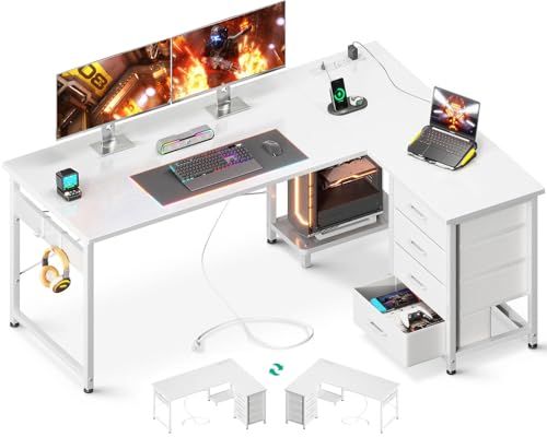 Black L Shaped Gaming Desk with 4 Drawers and Power Outlets K7855