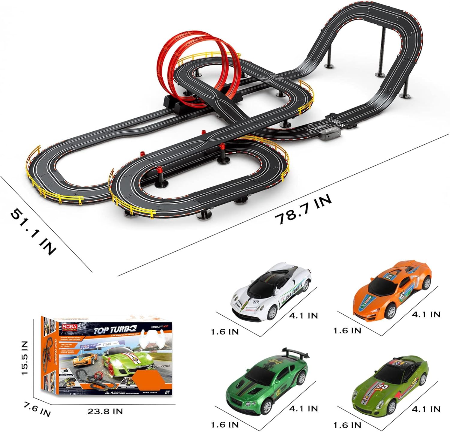 Electric Powered Slot Car Race Track Set with Four Cars J388288