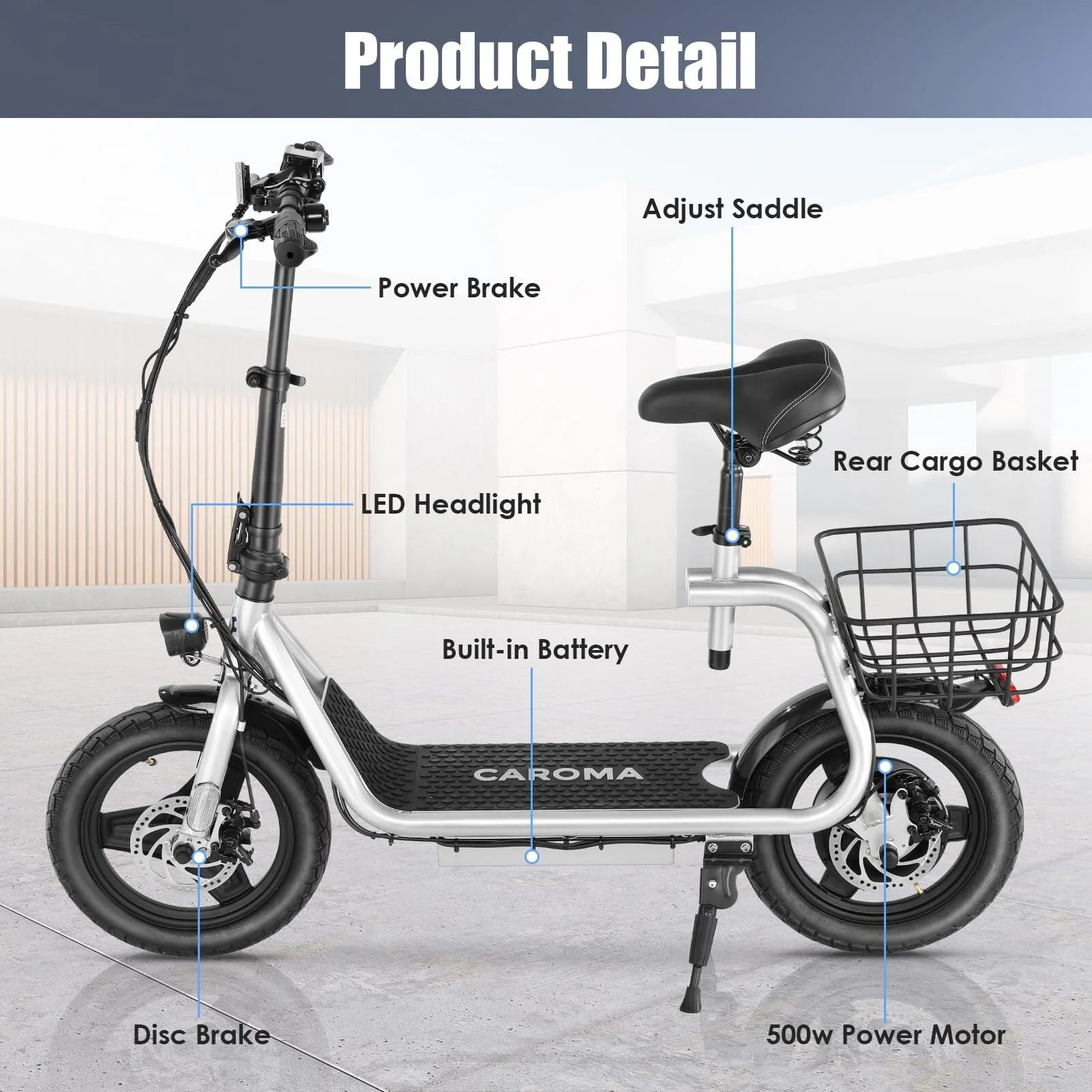 Silver Electric Scooter with Seat, 14 inch, 500W, 25 Miles 20 MPH C2524