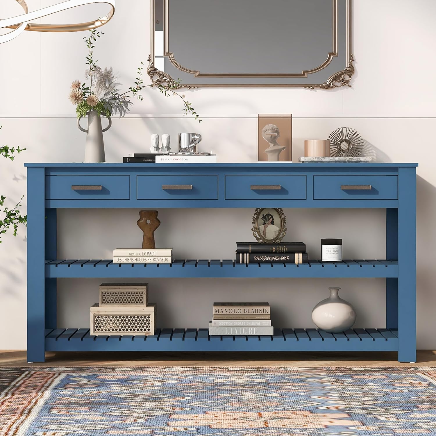 Navy Blue Acacia Wood Console Table with 4 Drawers and 2 Shelves E9300