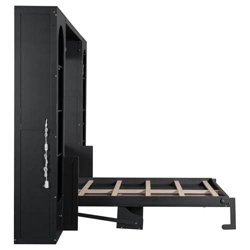 Queen Size Murphy Bed with Desk, 2 Sides Storage Cabinets, Shelf, Black Y529