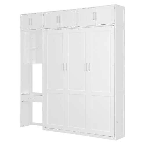 White Full Size Wall Murphy Bed with Built-in Desk & Shelves L502