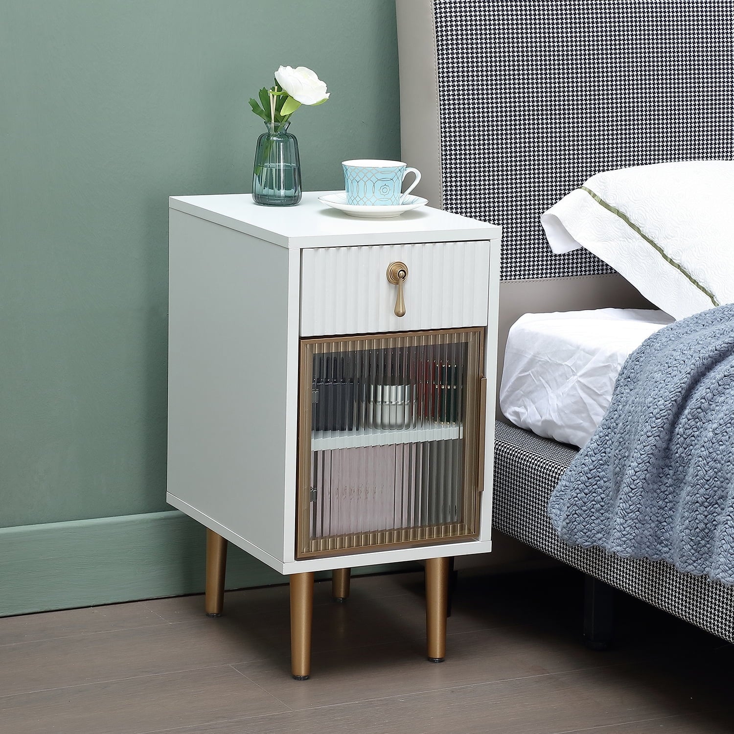 White Narrow Nightstand with Drawer J143