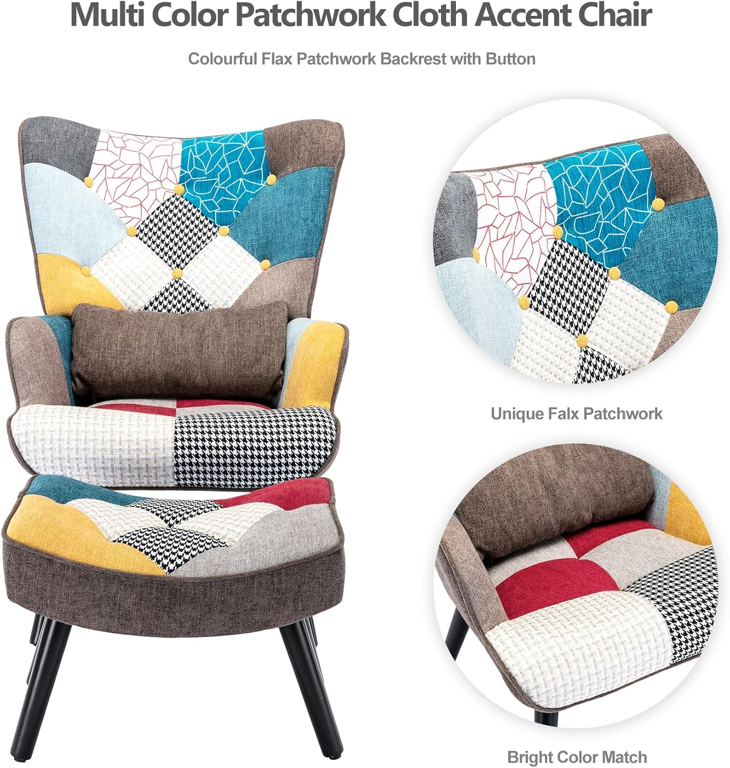 Patchwork Accent Chair with Ottoman, Wooden Legs K590412