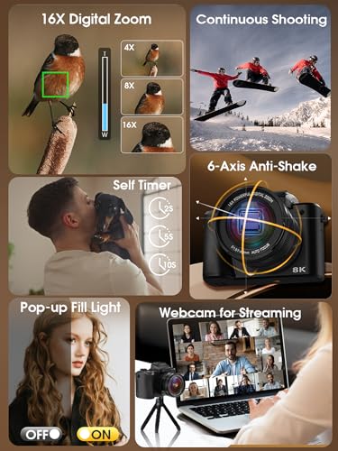 88MP Digital Camera with WiFi, Touch Screen, 16X Zoom, Autofocus, Anti-Shake, Dual Camera, 2 Batteries, 64GB Card, Flash, Lens Hood B37081