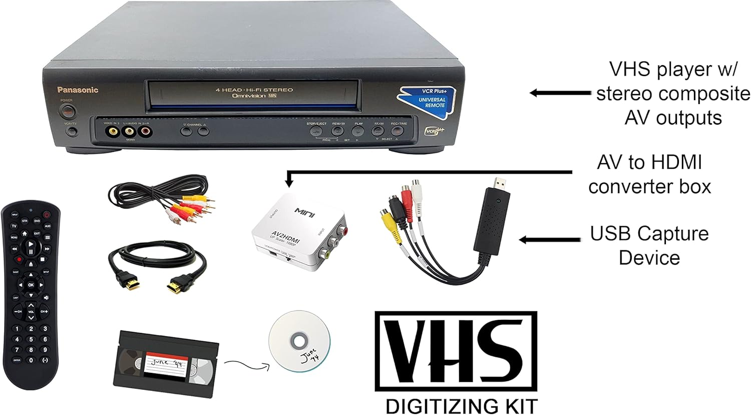 VCR VHS Transfer Bundle with Remote, USB Adapter, HDMI Converter O892202