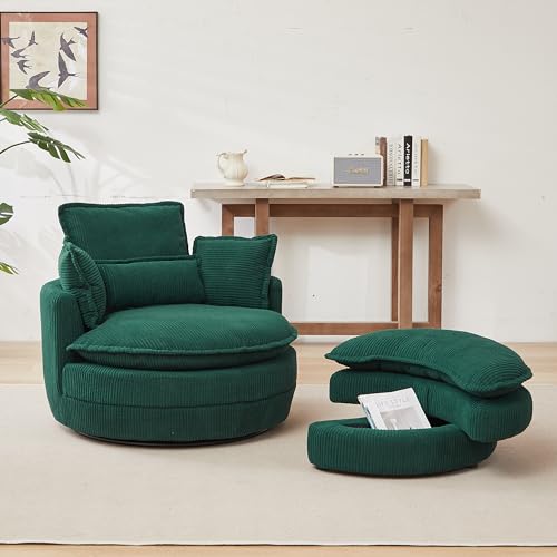 Oversized Corduroy Accent Barrel Chair with Storage Ottoman R758