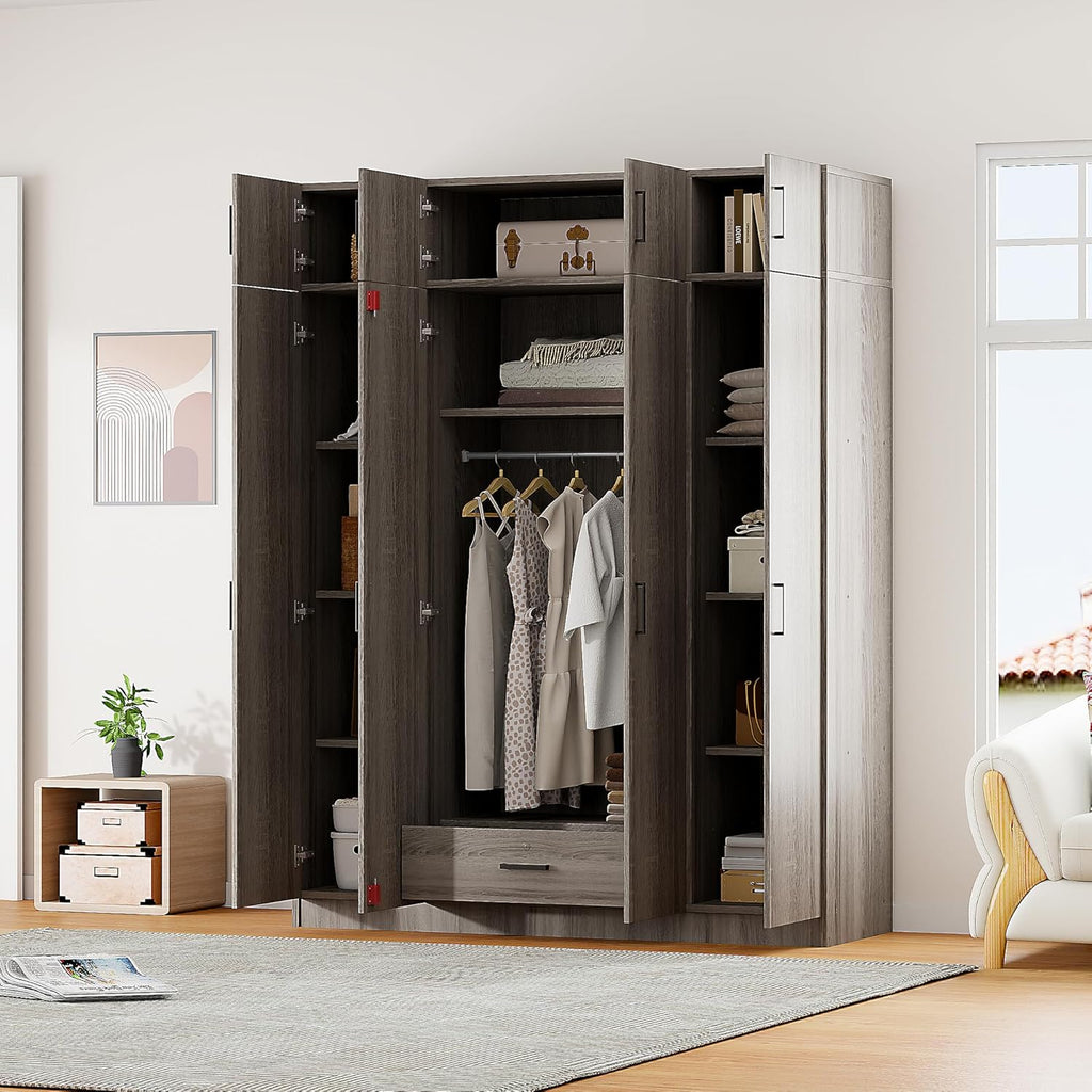 Gray 4-Door 1 Drawer Wood Wardrobe J3015