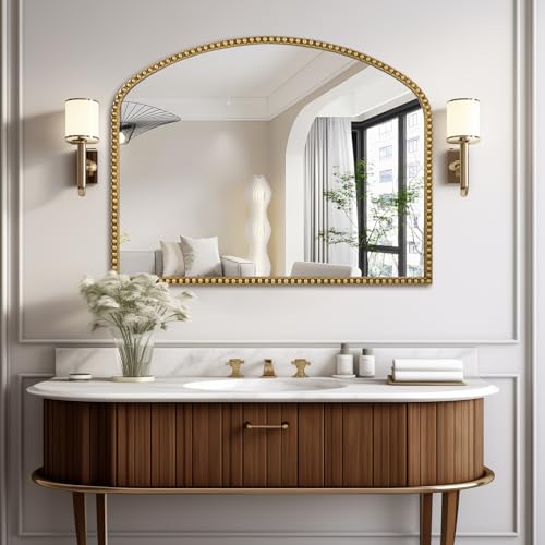 Large Arch Wall Mirror with Beaded Frame, Antique Gold V7254