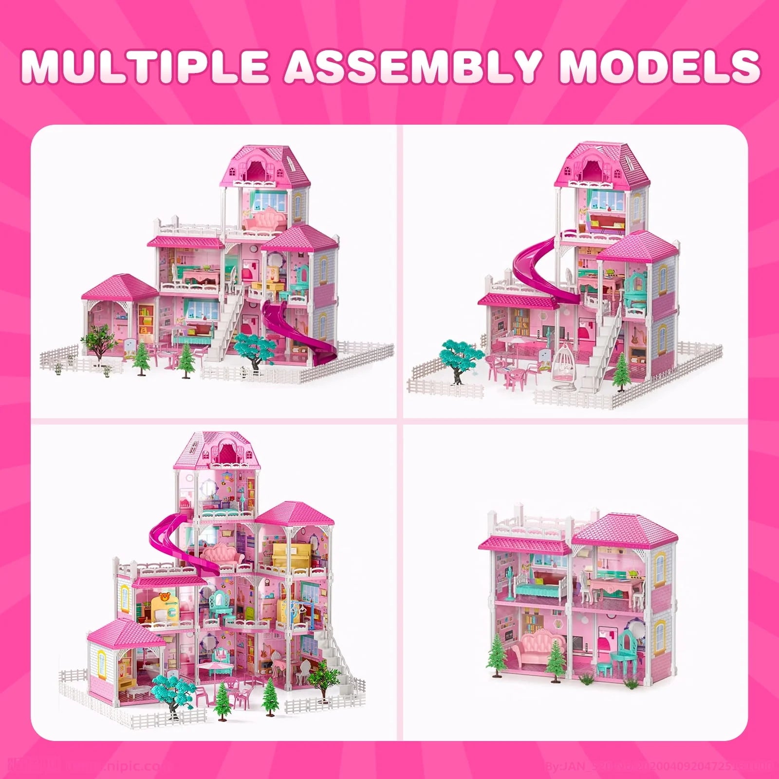 4-Story 12 Rooms Dollhouse with 2 Dolls T78118