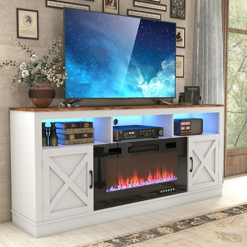 Grey 70 Inch TV Stand with Electric Fireplace and Barn Door Cabinet I6852