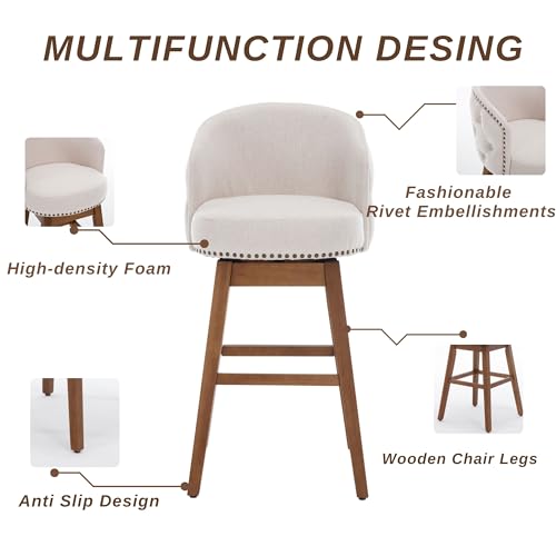 Swivel Bar Stool Set of 2, Grey, Linen, Wood Base H2336