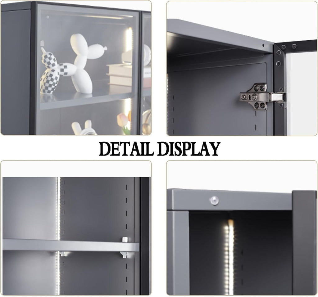 Grey Glass Display Cabinet with LED Lights and 4-Tier Shelves G632