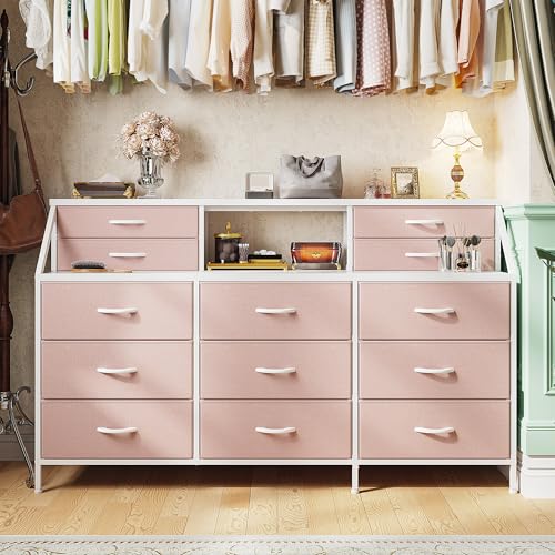 55" W Rustic Brown Dresser with 13 Fabric Drawers and 2 Open Shelves Y393146
