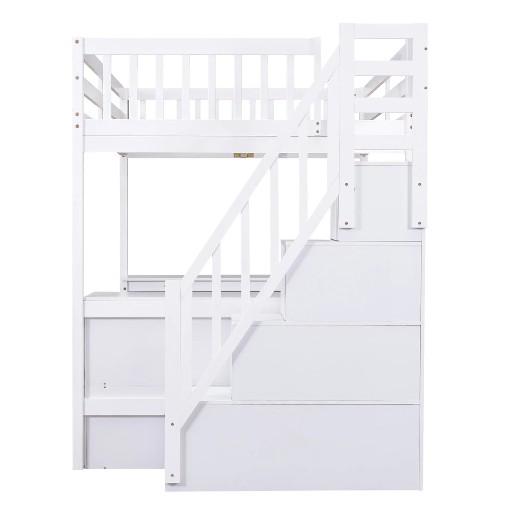 White Wood Full Size Loft Bed with Desk and Storage Staircase L769628