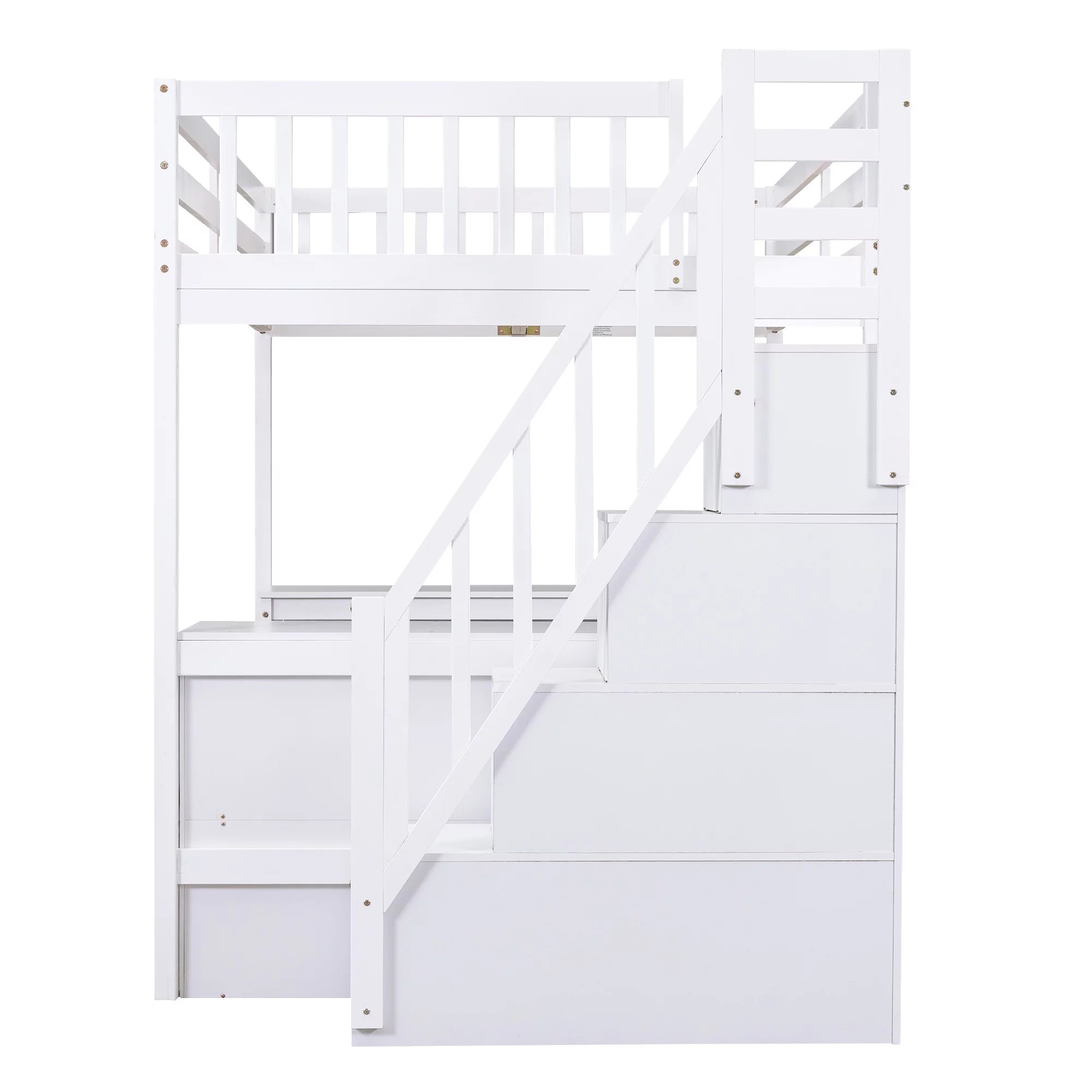 White Wood Full Size Loft Bed with Desk and Storage Staircase L769628