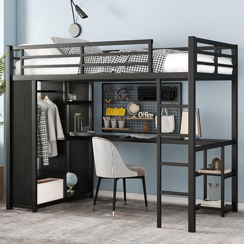 Black Full Size Metal Loft Bed with Wardrobe and L-Shaped Desk I308