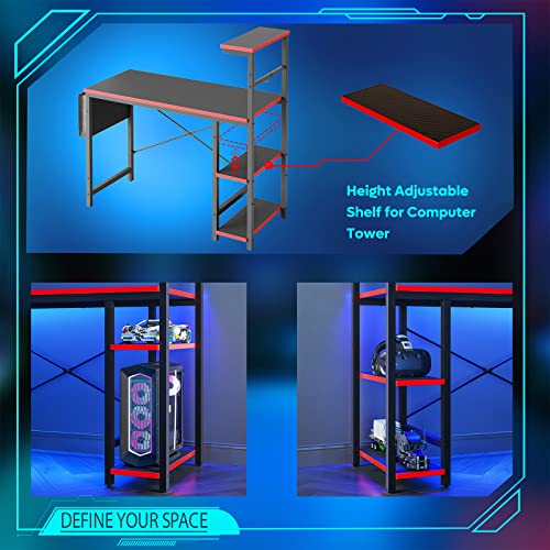 Black Carbon Fiber Gaming Desk with LED Lights and 4 Tiers Reversible Shelves Y71611