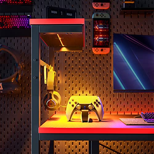 Black Carbon Fiber Gaming Desk with LED Lights and 4 Tiers Reversible Shelves Y71611