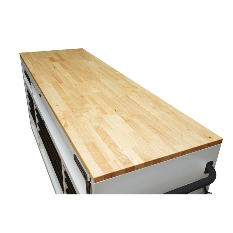 72 in. W Heavy Duty Matte White Mobile Workbench Cabinet with Wood Top H105