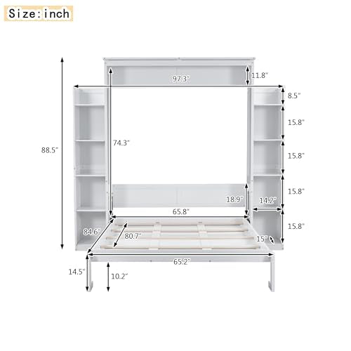 White Queen Size Wood Murphy Bed with Shelves and LED Lights A2940