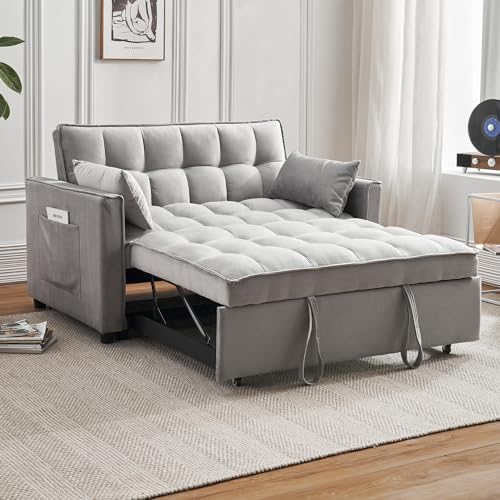 Beige Velvet Convertible Sleeper Sofa Bed J781430