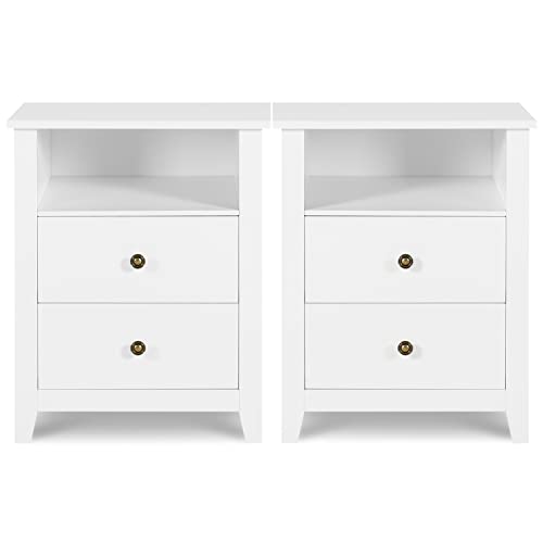 White Nightstands with Drawer Set of 2 Wood Bedside Tables Z32245