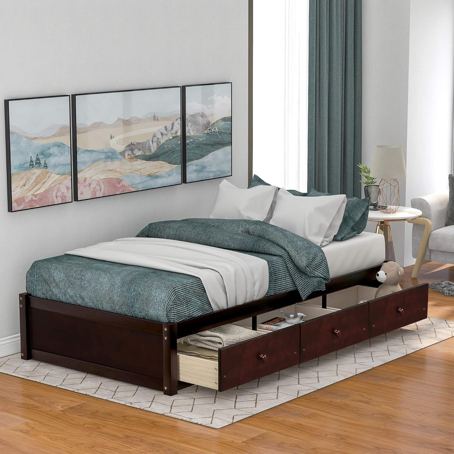 Cherry Wood Platform Bed Frame With 3 Drawers A9963