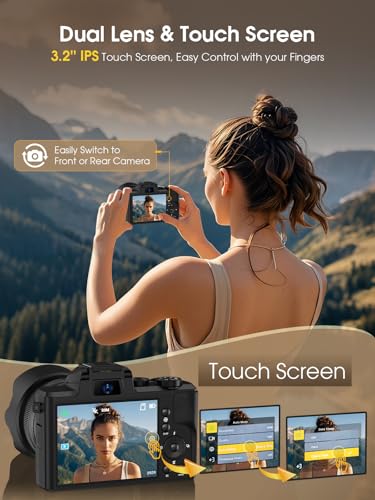 88MP Digital Camera with WiFi, Touch Screen, 16X Zoom, Autofocus, Anti-Shake, Dual Camera, 2 Batteries, 64GB Card, Flash, Lens Hood B37081
