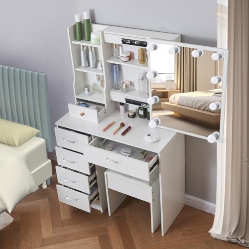 White Makeup Vanity Desk with Lights and Mirror and Drawers V9292