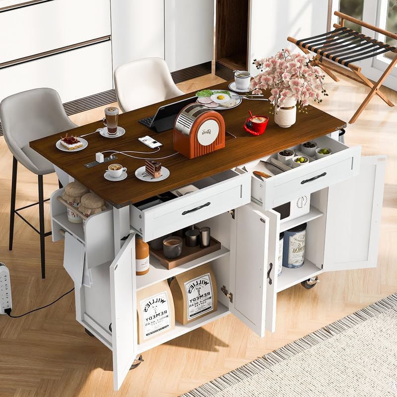 Farmhouse Kitchen Island with Power Outlet, Drop Leaf, Spice Rack and Drawer, Rolling Kitchen Cart on Wheels K736