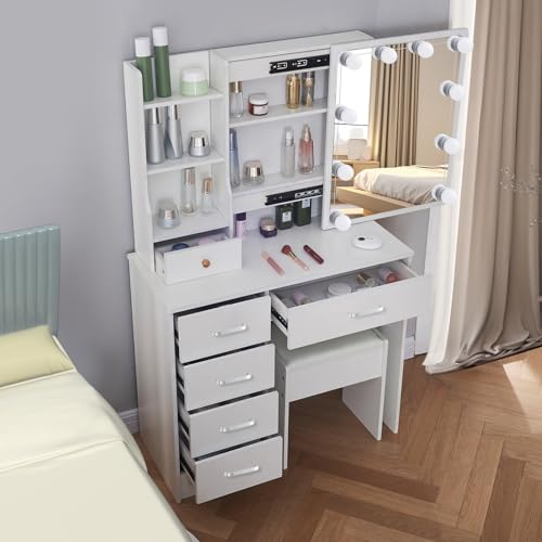 White Makeup Vanity Desk with Lights and Mirror and Drawers V9292